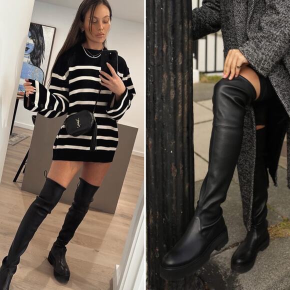 Stuart Weitzman Lowland Tall Ultralift Leather Black Boots Size 10.5B - Picture 2 of 16